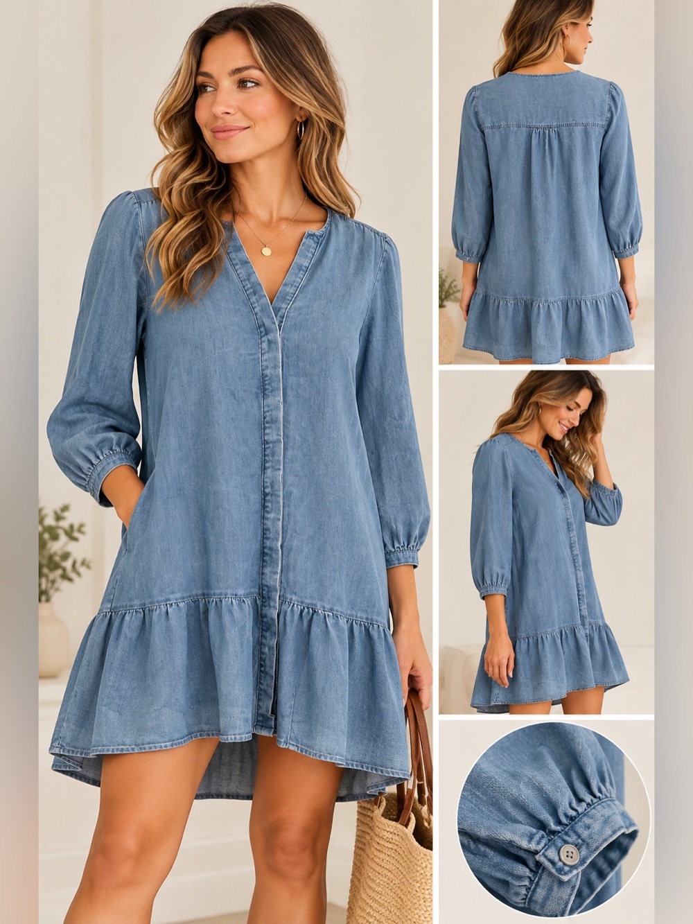 LOFT Dress Womens Medium Blue Chambray Linen Blend Flounce Ruffle Hem Split Neck